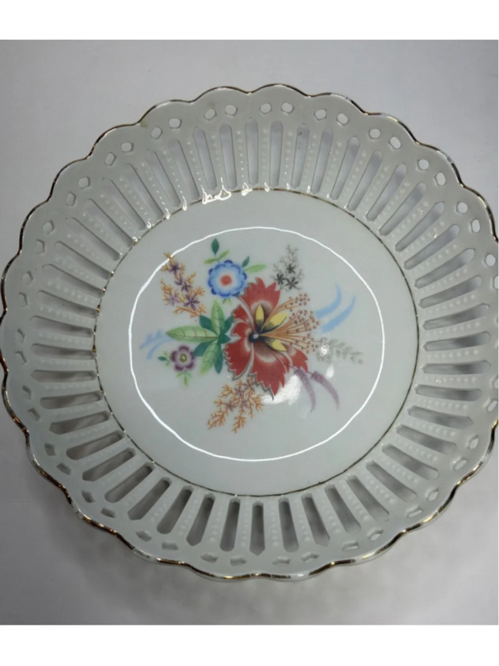 Vintage Germany Schumann Bavaria Reticulated Round Candy Dish Pierced Gold Rim